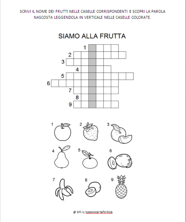 gioco vruciverba frutta parole in stampatello maiuscolo 